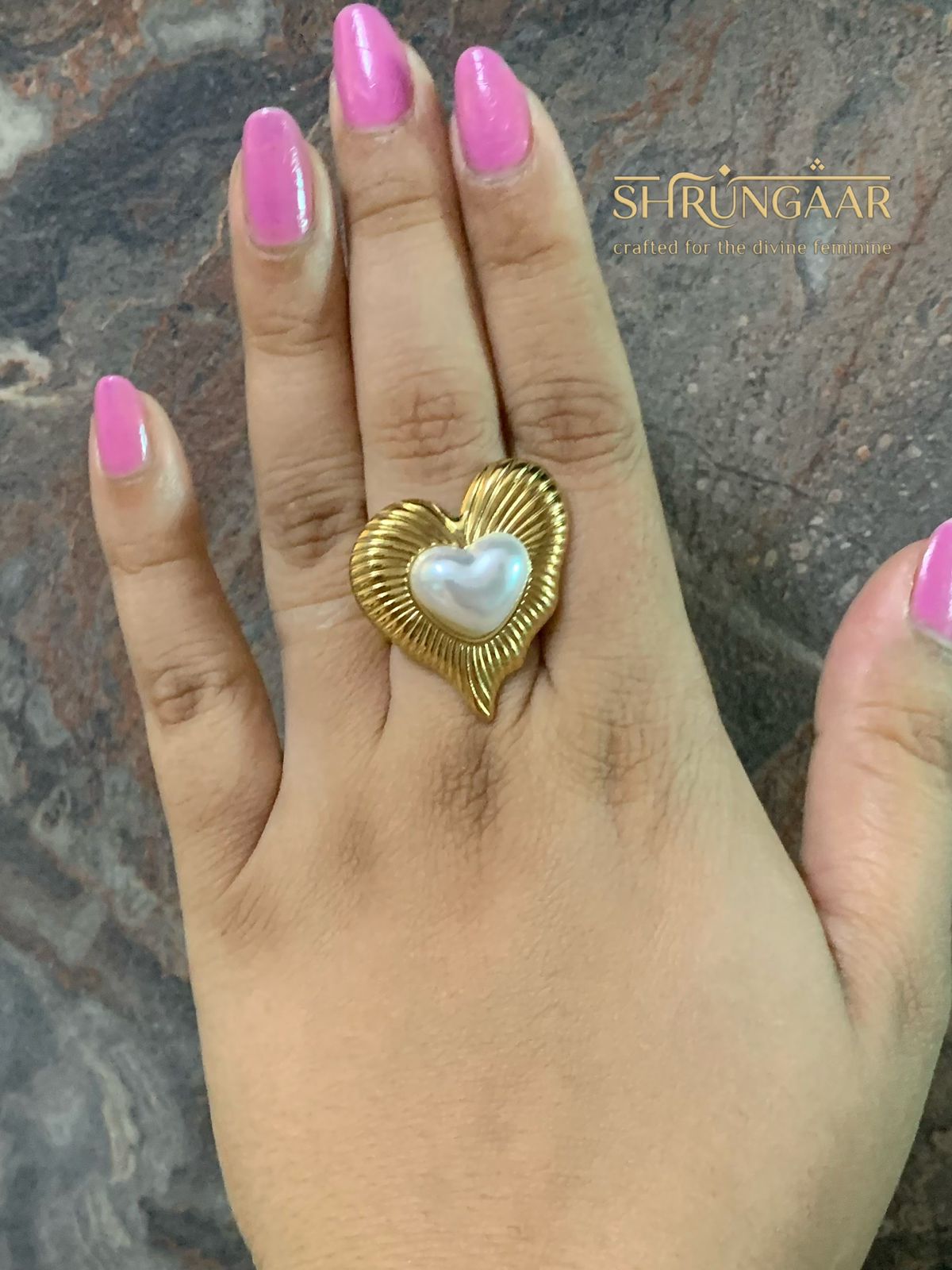 Ridged Pearl Heart Ring